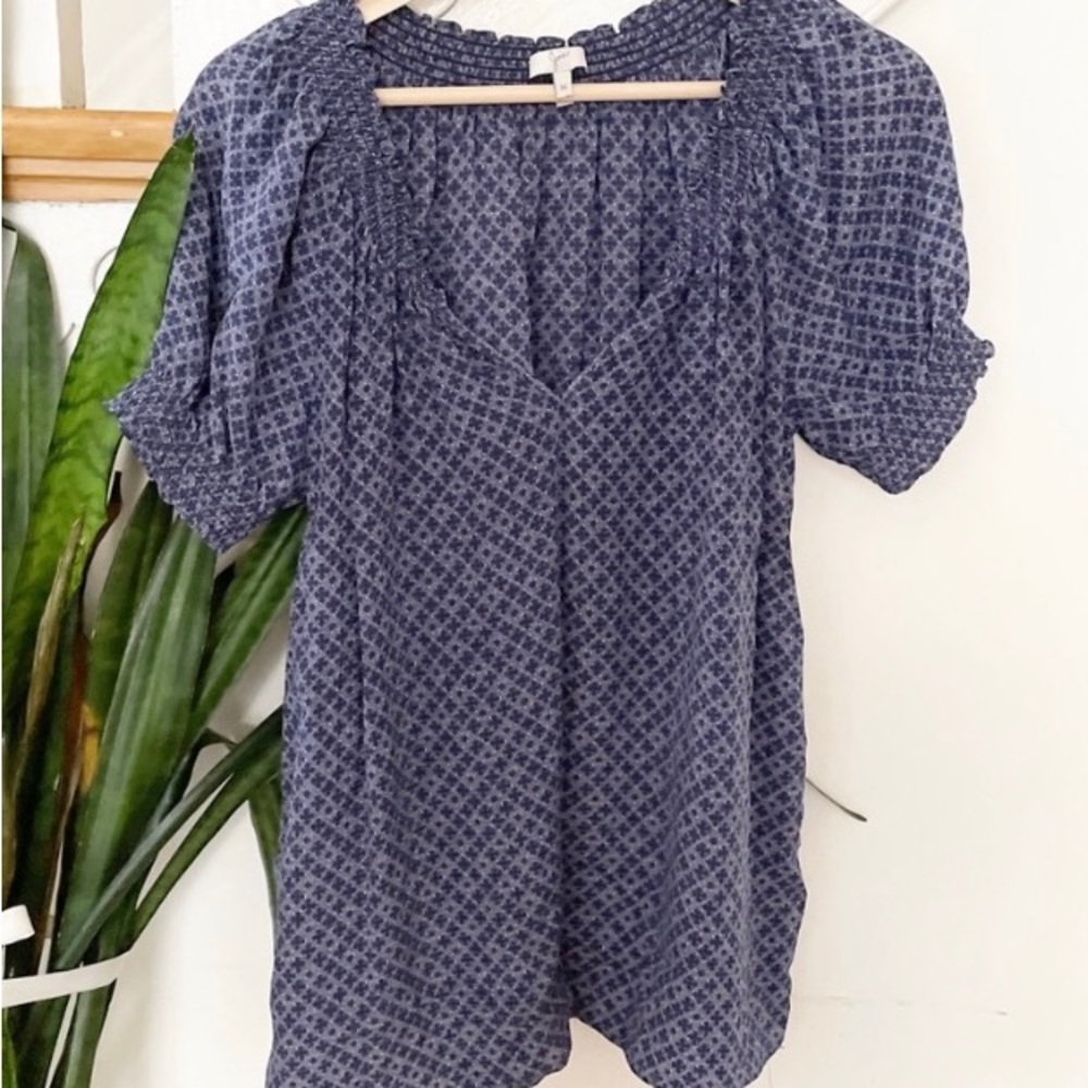 JOIE blue white patterned short sleeves silk top M